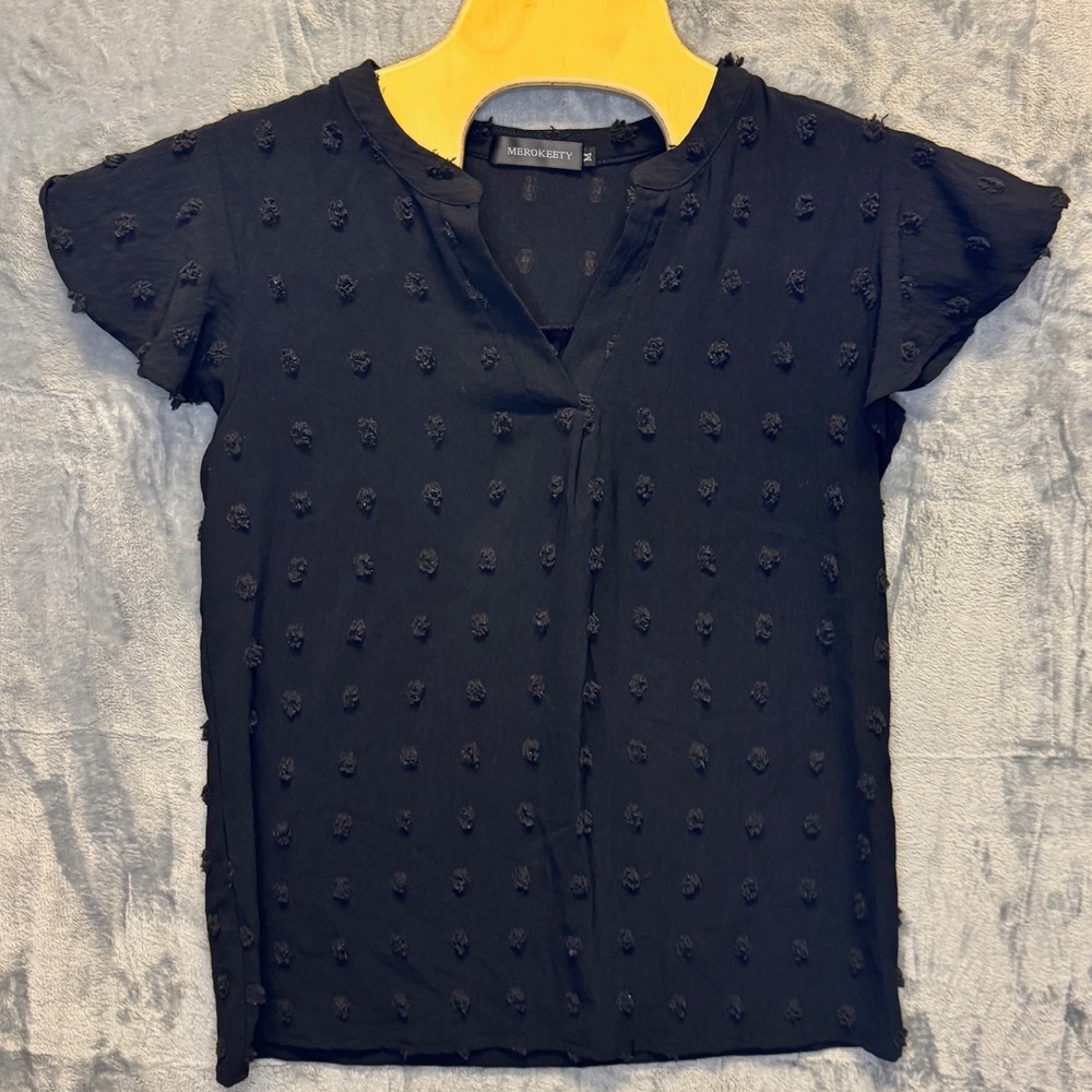 2123 | MEROKEETY Swiss Dot Flutter Sleeve Blouse Black Womens M